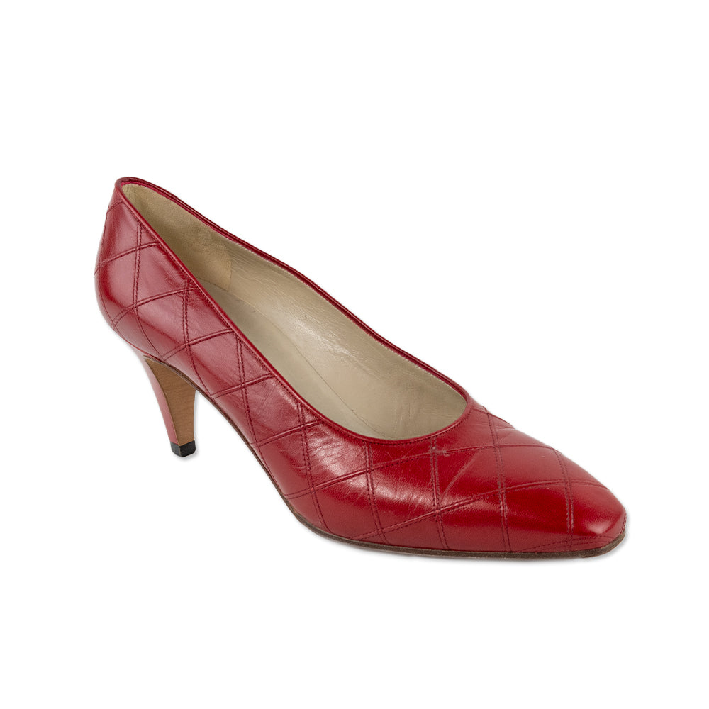 Chanel Red Leather Leather Square Toe Heels