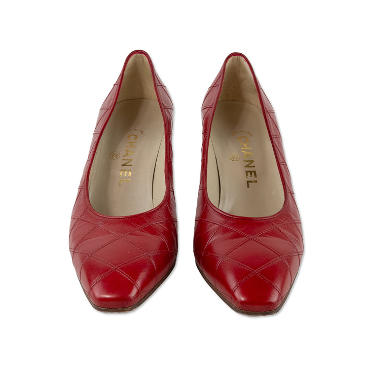 Chanel Red Leather Leather Square Toe Heels