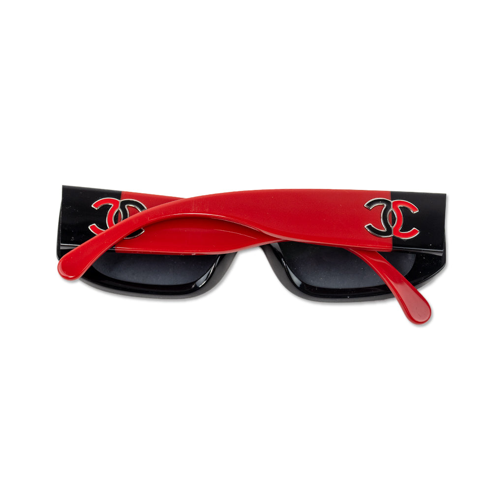 Chanel Red and Black Interlocking CC Rectangle Sunglasses