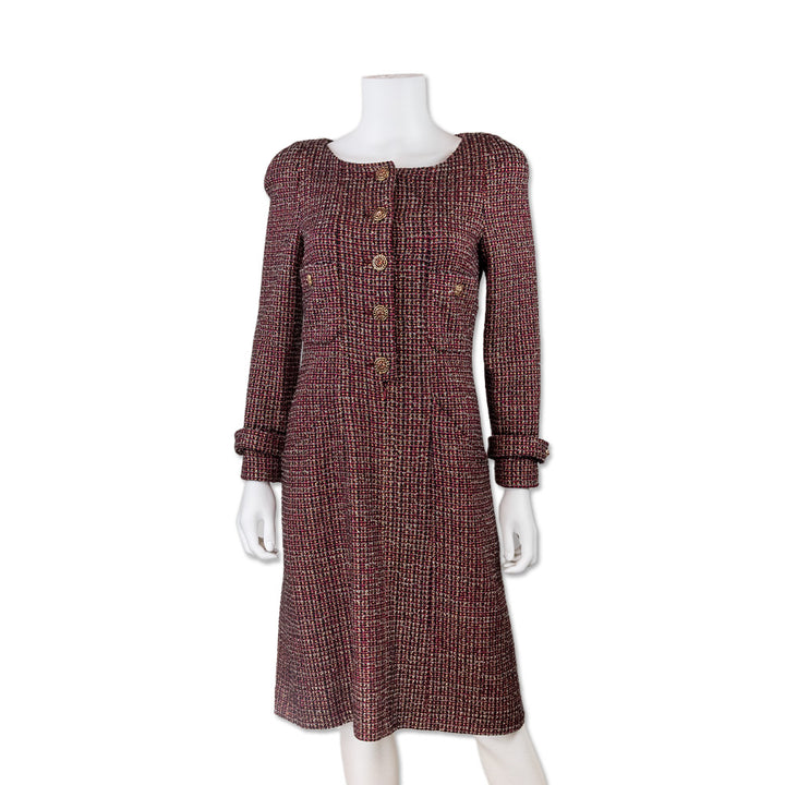 Chanel Red and Black Long Sleeve Tweed Dress with Crystal Buttons