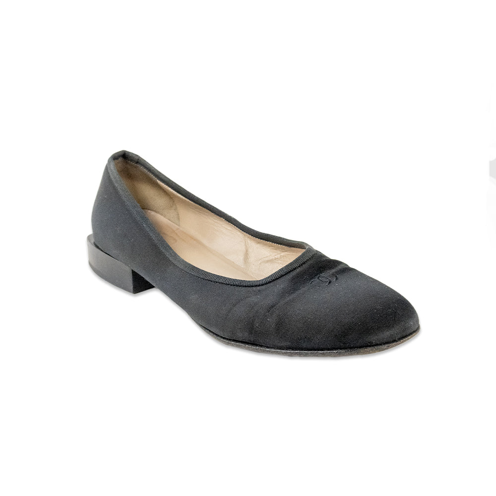 Chanel Round Toe Satin Ballet Flats with a Block Heel