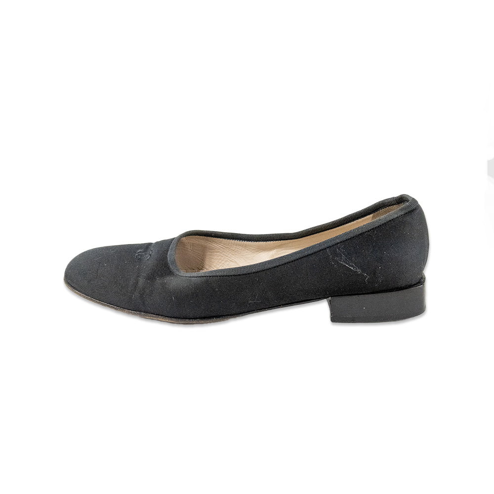 Chanel Round Toe Satin Ballet Flats with a Block Heel