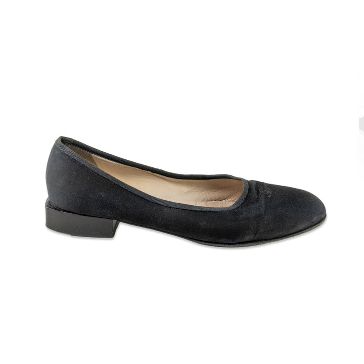 Chanel Round Toe Satin Ballet Flats with a Block Heel