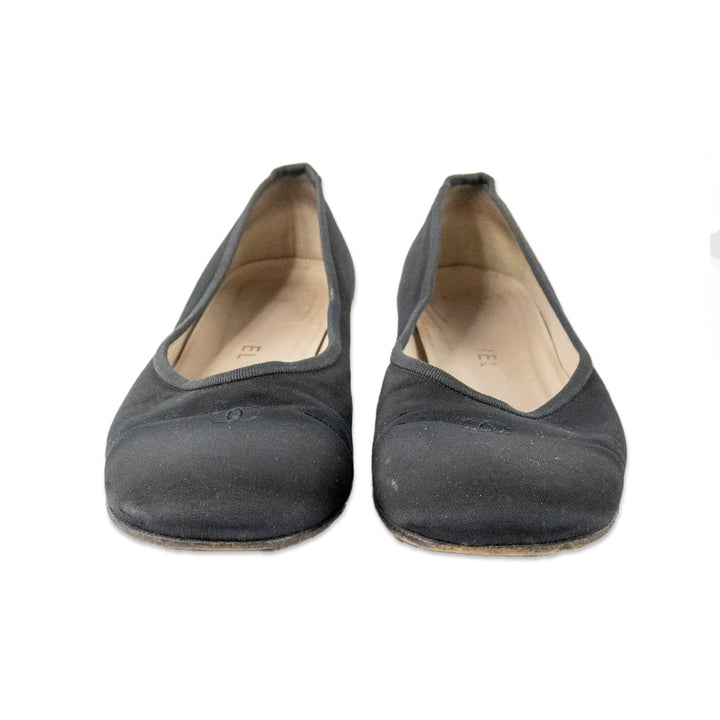 Chanel Round Toe Satin Ballet Flats with a Block Heel