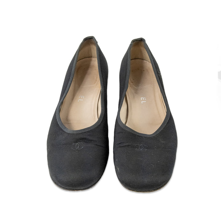 Chanel Round Toe Satin Ballet Flats with a Block Heel