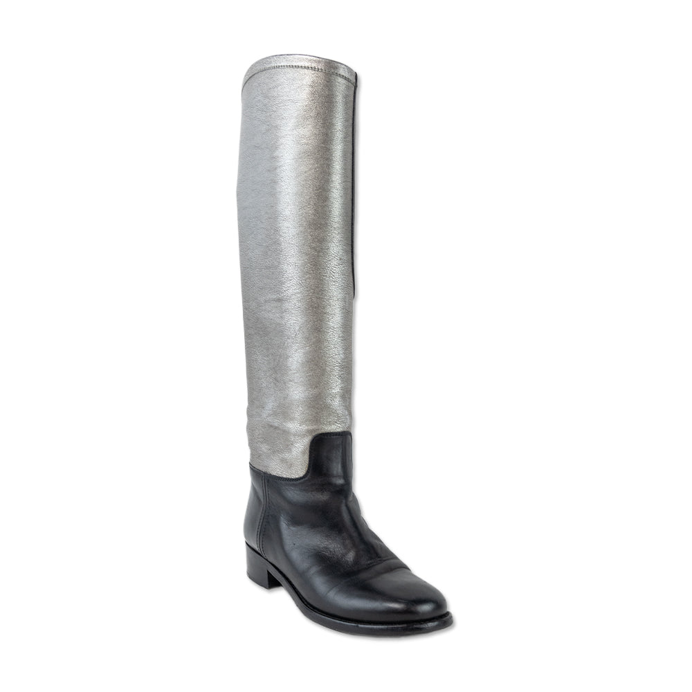 Chanel Silver Black Color Blocked Leather Riding Boots