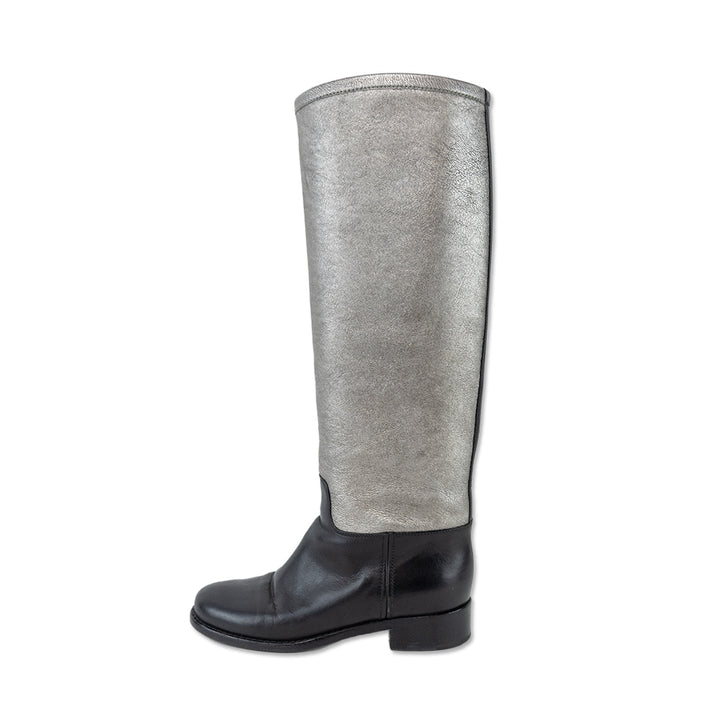 Chanel Silver Black Color Blocked Leather Riding Boots