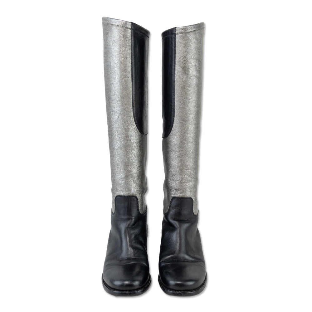 Chanel Silver Black Color Blocked Leather Riding Boots