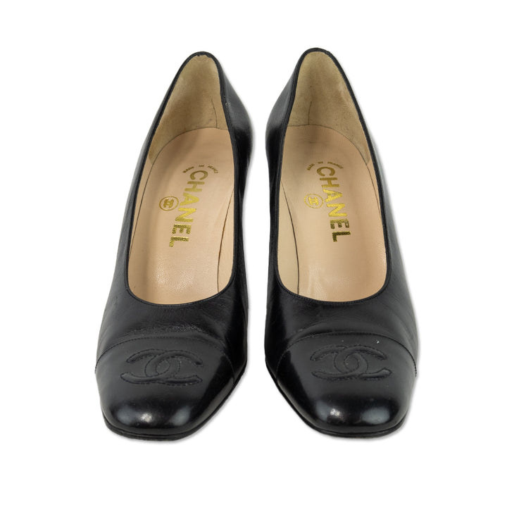 Chanel Interlocking CC Embossed Almond Toe Black Leather Pump