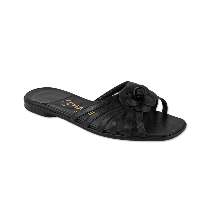 Chanel Square Toe Camellia Accent Leather Sandals