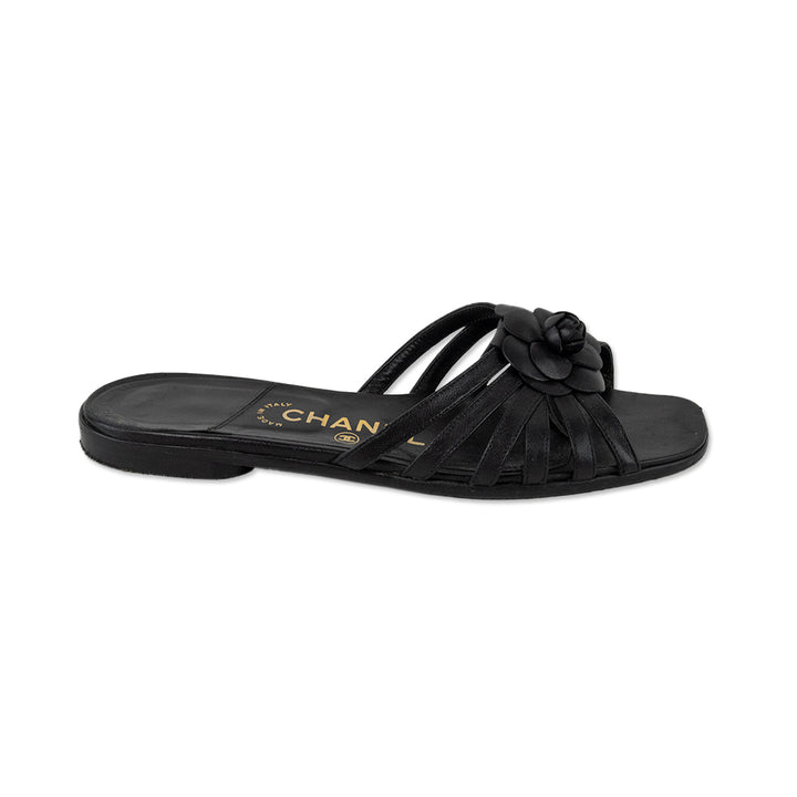 Chanel Square Toe Camellia Accent Leather Sandals