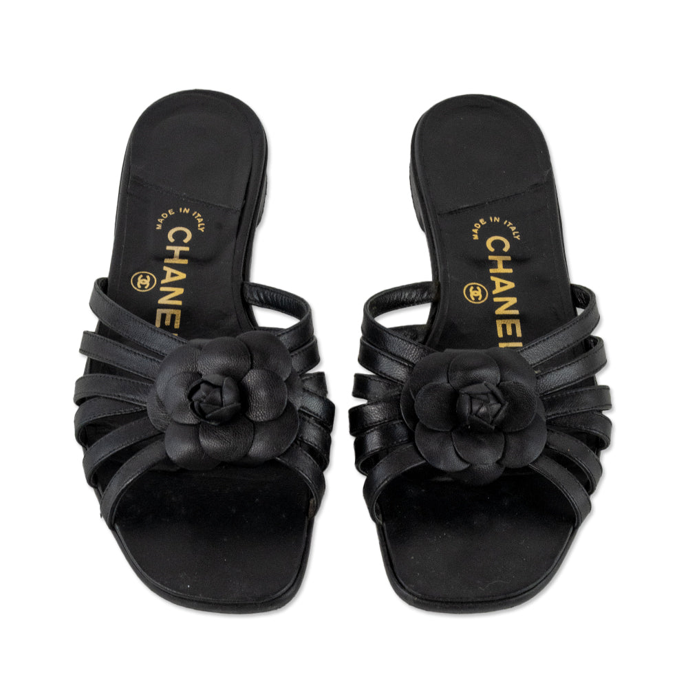 Chanel Square Toe Camellia Accent Leather Sandals