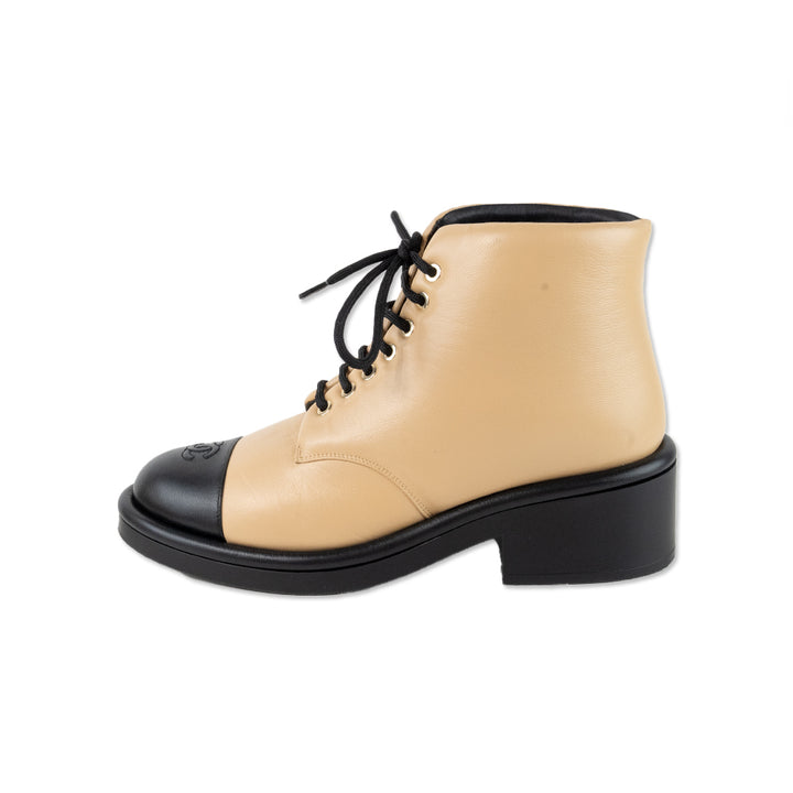 Chanel Beige Leather Lace Up Ankle Boot