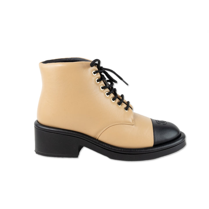 Chanel Beige Leather Lace Up Ankle Boot