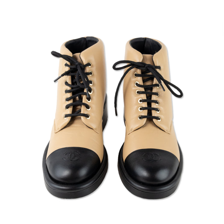 Chanel Beige Leather Lace Up Ankle Boot