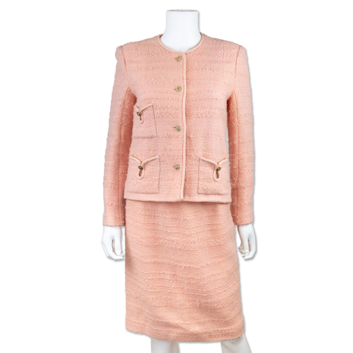 Chanel Vintage 1970
s Two Piece Pink Tweed Skirt Suit