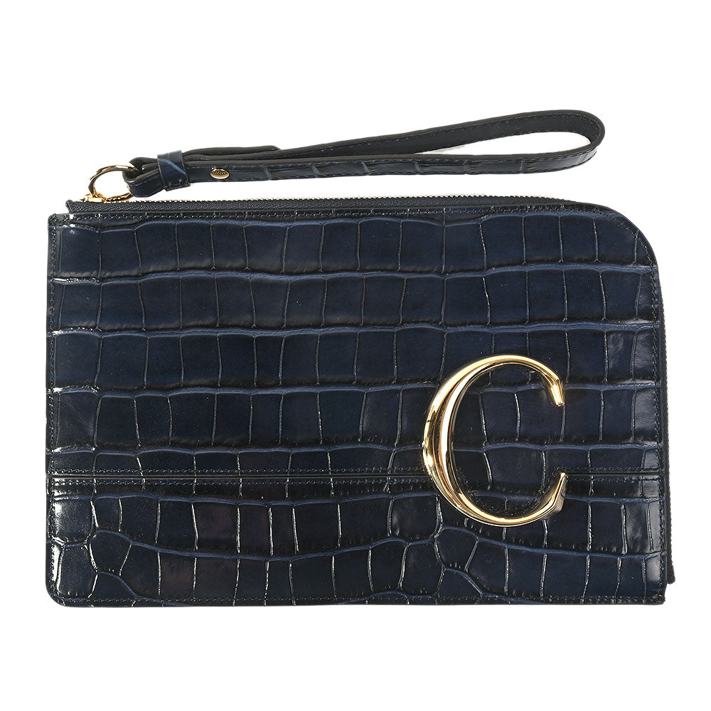 Chloe Navy Embossed C Flat Clutch