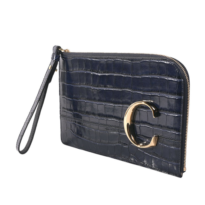 Chloe Navy Embossed C Flat Clutch