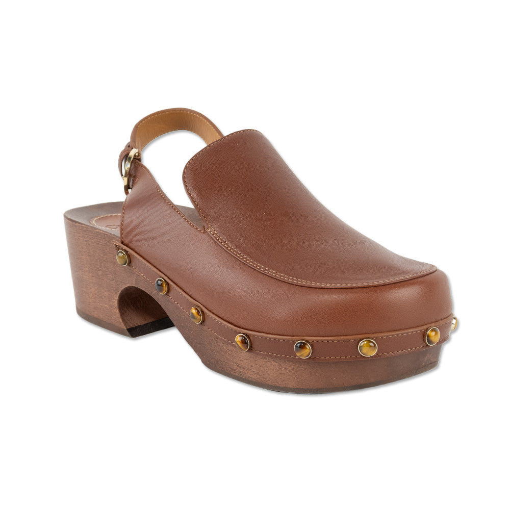 Chloé Brown Aurna Leather Studded Accent Slingback Clogs