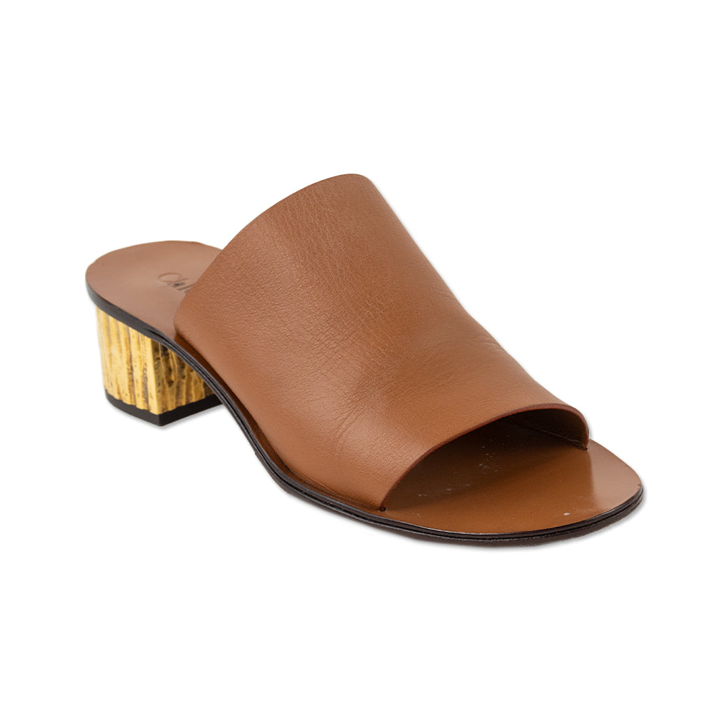 Chloe Brown Leather Sandals with Gold Textured Heel