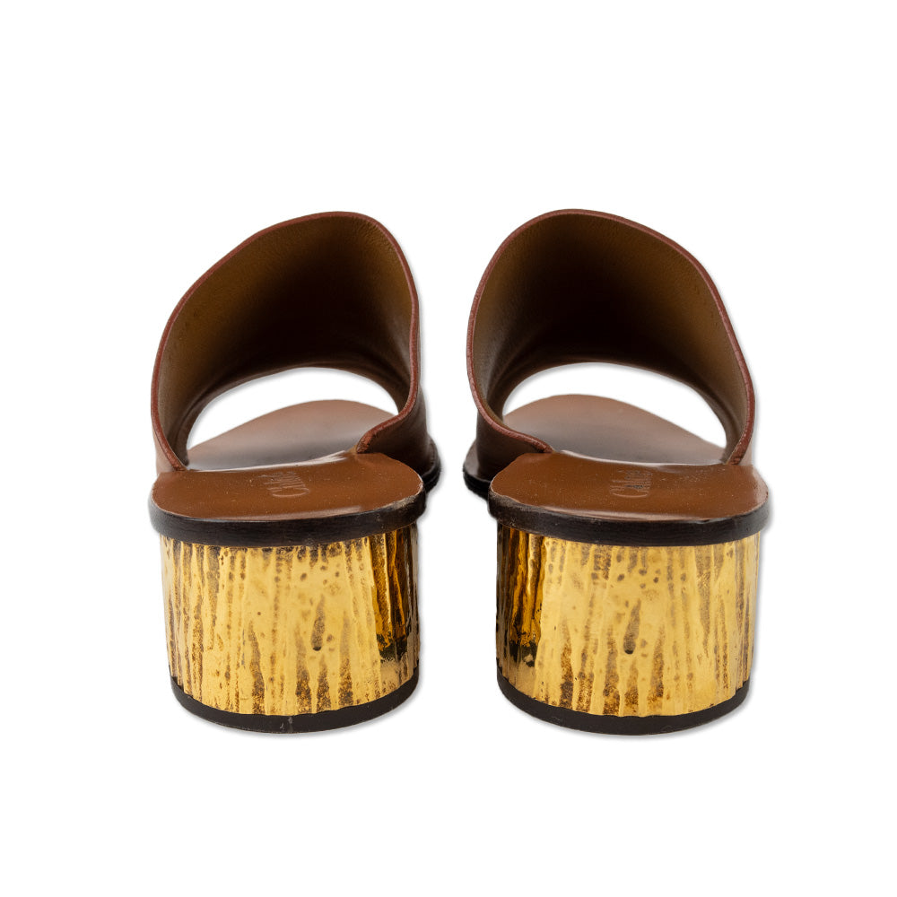 Chloe Brown Leather Sandals with Gold Textured Heel