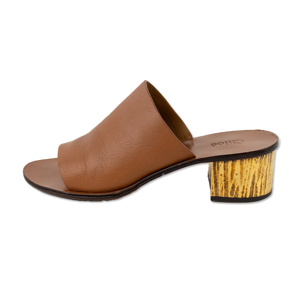 Chloe Brown Leather Sandals with Gold Textured Heel