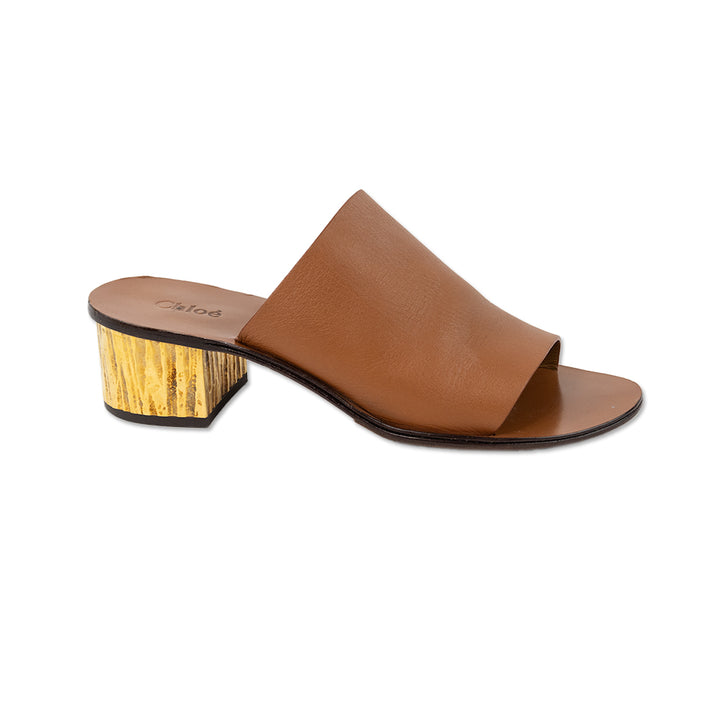 Chloe Brown Leather Sandals with Gold Textured Heel