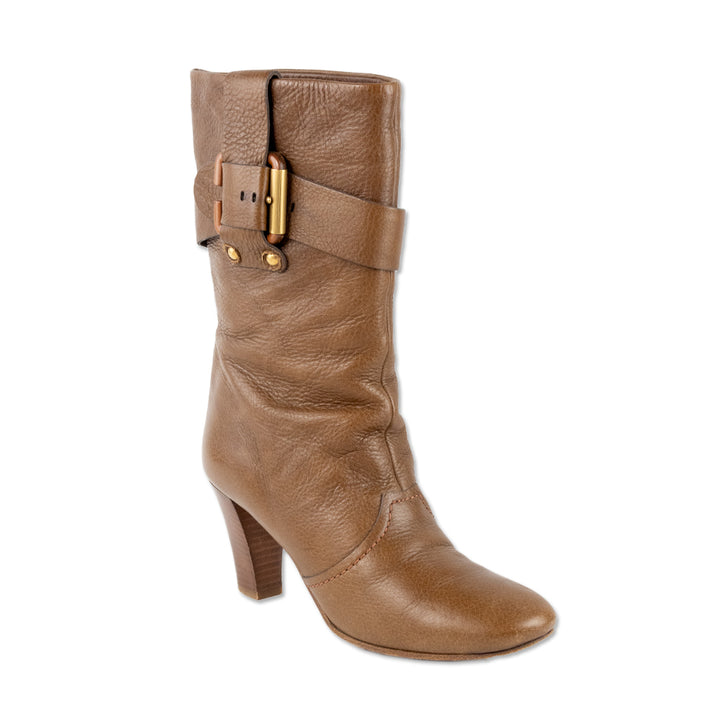 Chloe Mid Calf Brown Leather Buckle Heeled Boots