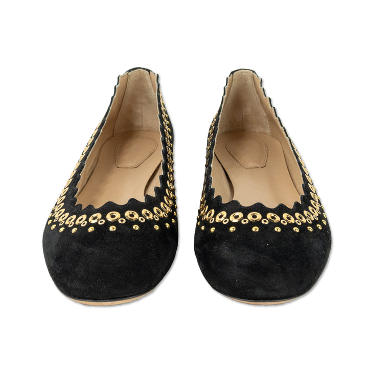 Chloe Black Suede Scalloped Studded Ballet Flats