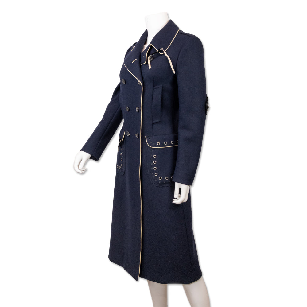 Prada 2004 Runway Navy Embroidered Trench Coat