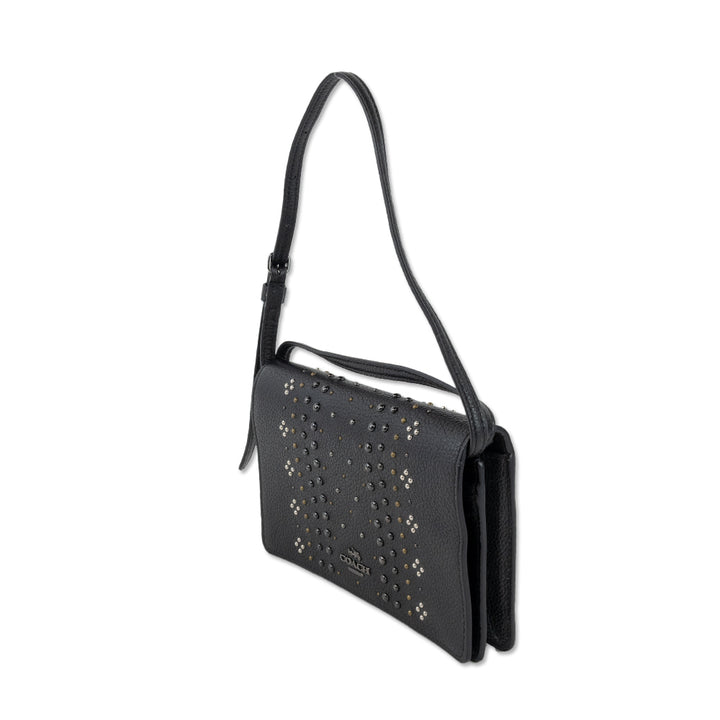 Coach Black Leather Fold Over Flap Studded Crossbody