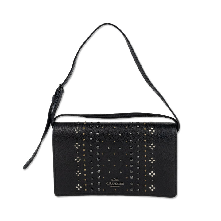 Coach Black Leather Fold Over Flap Studded Crossbody