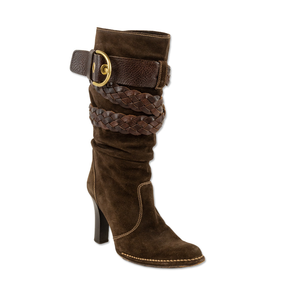 Coach Randie Brown Suede Braided Leather Buckle Mid-Calf Boots