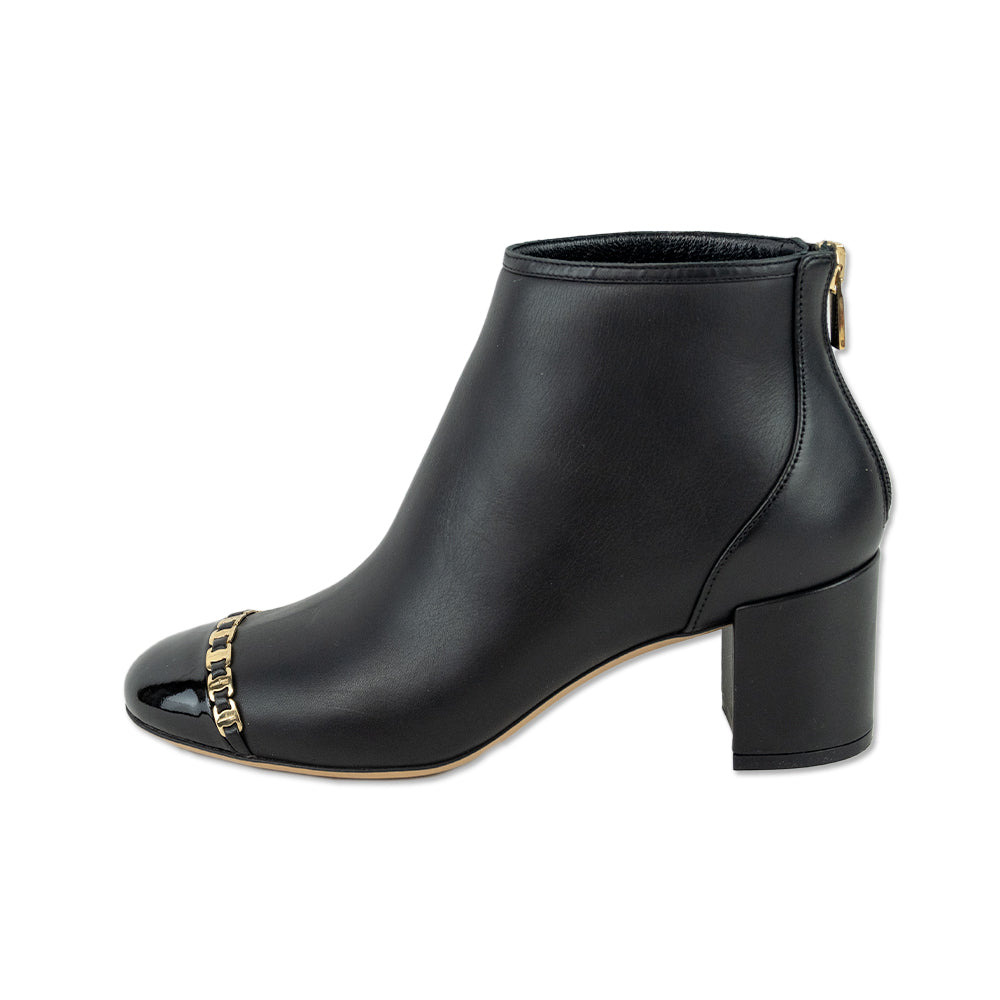 Salvatore Ferragamo Vara Atri Cap-Toe Black Leather Ankle Boots