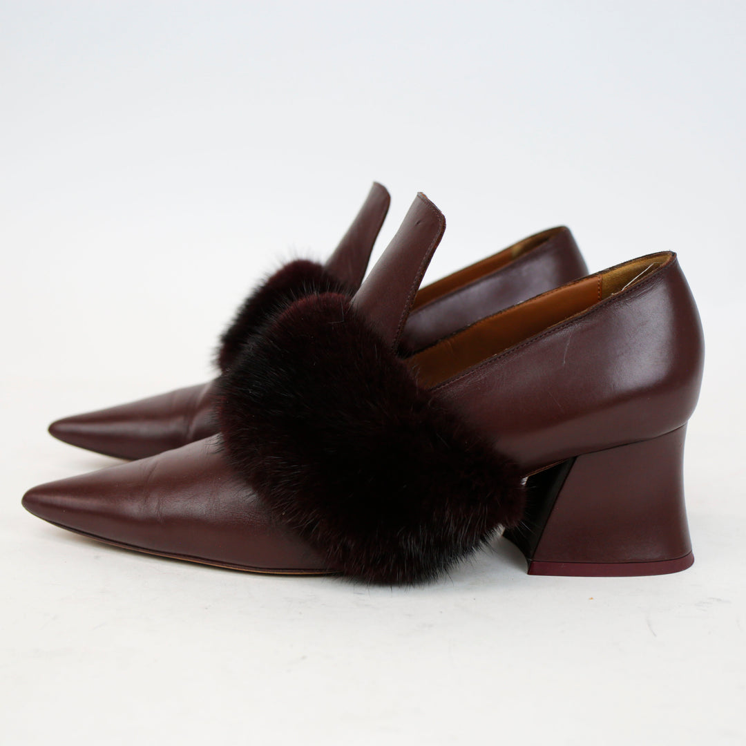 Givenchy Burgundy Leather Pointed Toe Fur Trim Pumps