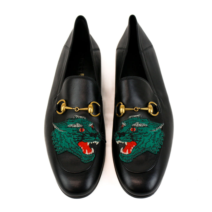 Gucci Men
s Brixton Black Leather Tiger Horsebit Loafers