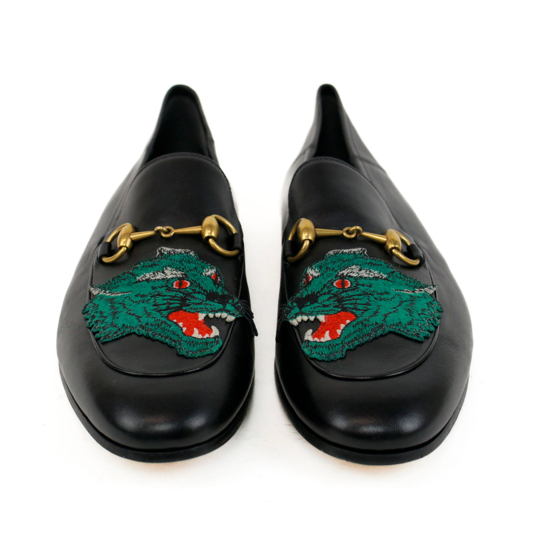 Gucci Men
s Brixton Black Leather Tiger Horsebit Loafers