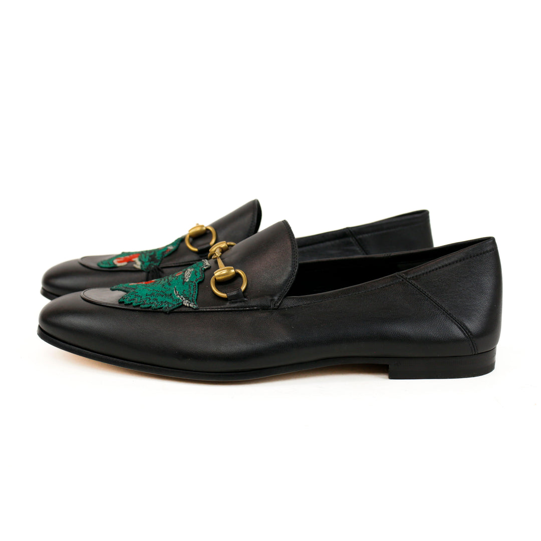 Gucci Men
s Brixton Black Leather Tiger Horsebit Loafers