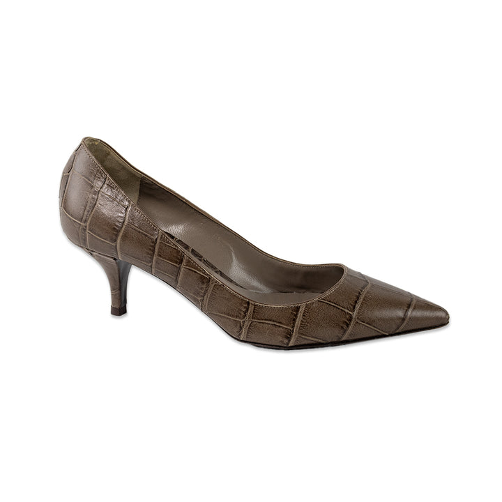 Delman Brown Embossed Leather Pointed Toe Heels