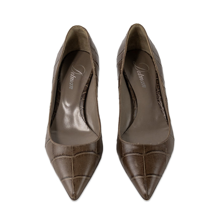 Delman Brown Embossed Leather Pointed Toe Heels