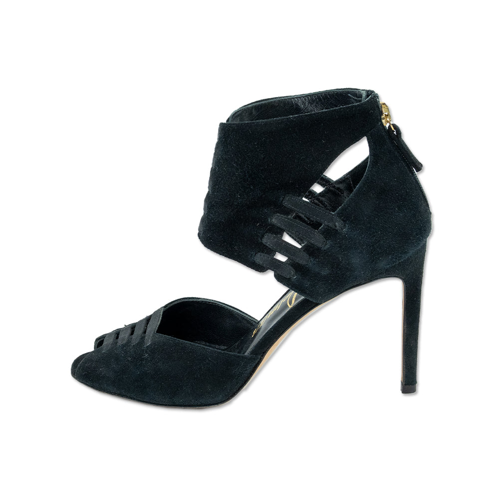 Delman Caged Black Suede Peep Toe Pumps