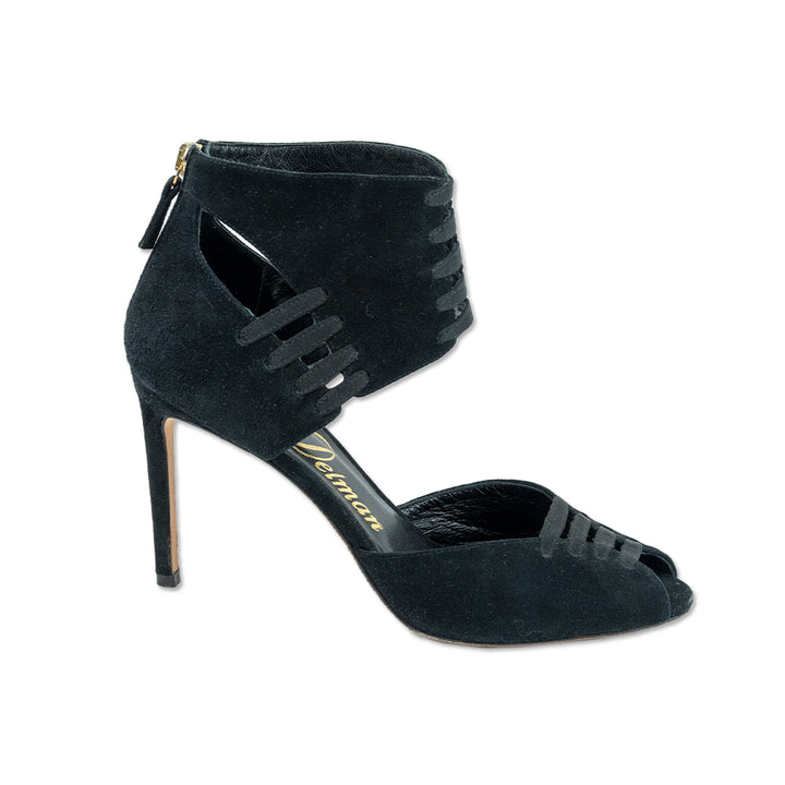 Delman Caged Black Suede Peep Toe Pumps