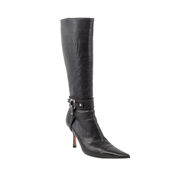 Dior Black Leather Pointed Toe Ankle Strap Calf Boots