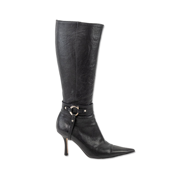 Dior Black Leather Pointed Toe Ankle Strap Calf Boots