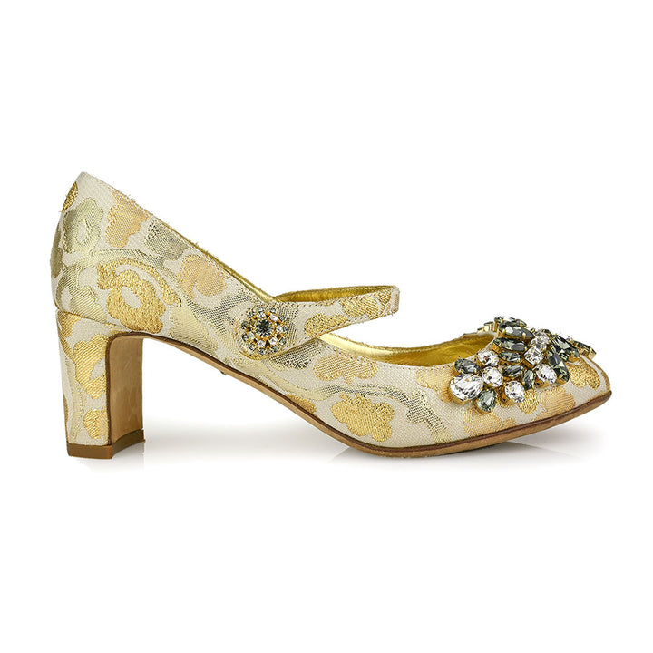 Dolce 
Gabbana Gold Jacquard Crystal Embellished Mary Jane Pumps