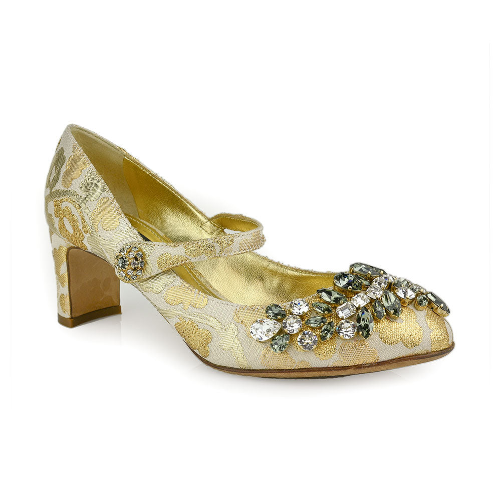 Dolce 
Gabbana Gold Jacquard Crystal Embellished Mary Jane Pumps