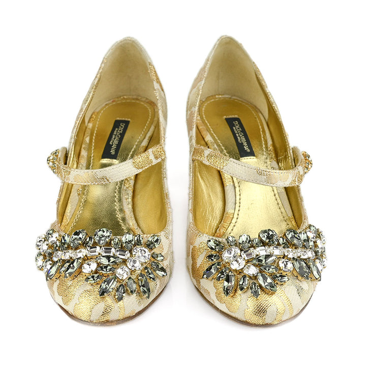 Dolce 
Gabbana Gold Jacquard Crystal Embellished Mary Jane Pumps