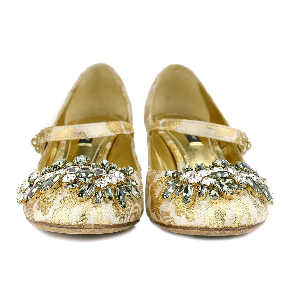 Dolce 
Gabbana Gold Jacquard Crystal Embellished Mary Jane Pumps