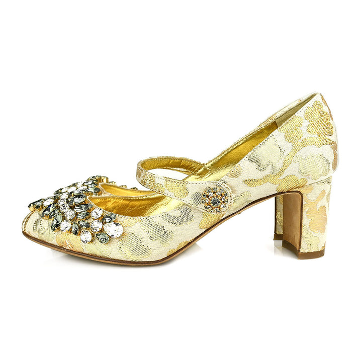 Dolce 
Gabbana Gold Jacquard Crystal Embellished Mary Jane Pumps