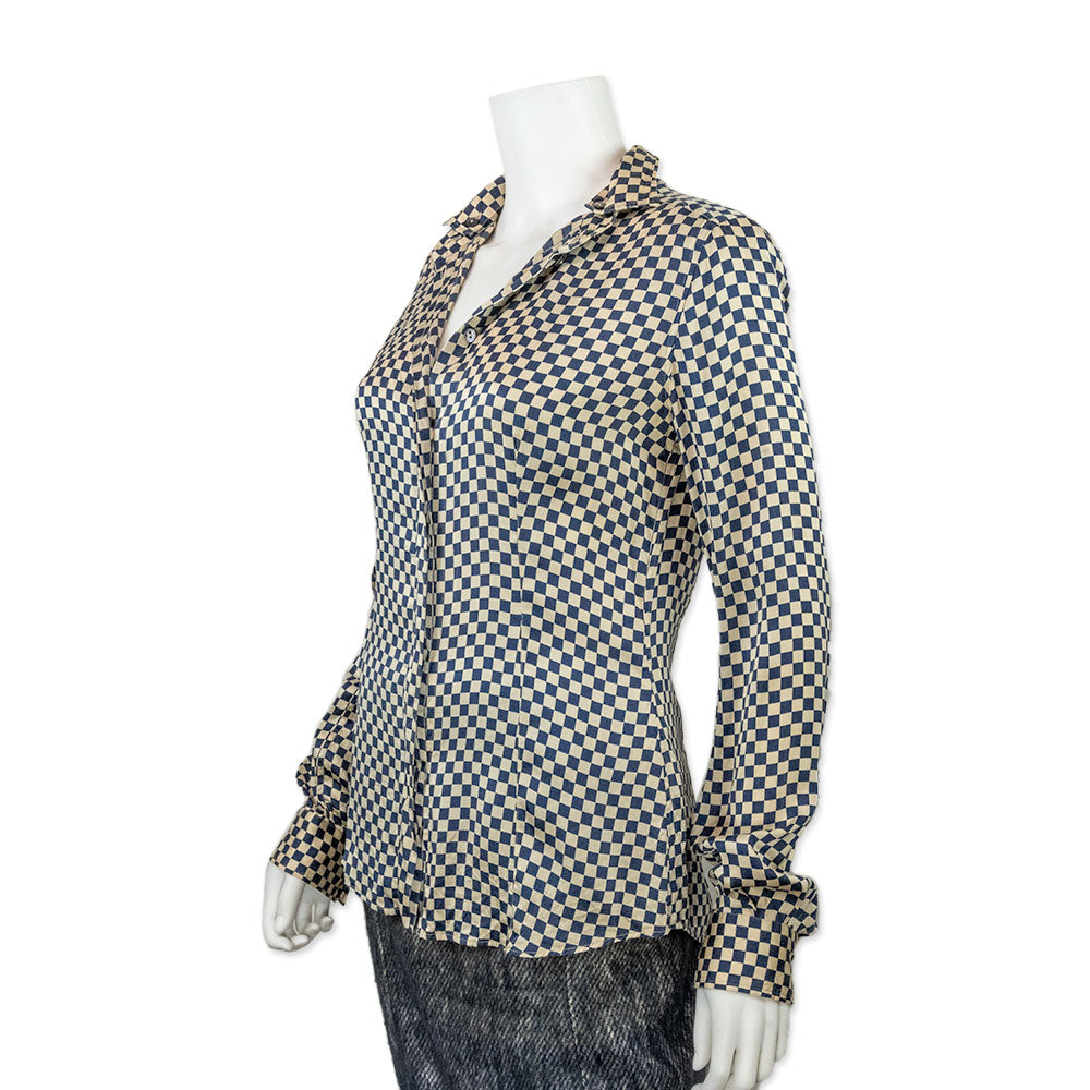 Dolce 
Gabbana Silk Blue and Ivory Checkered Button Down Blouse